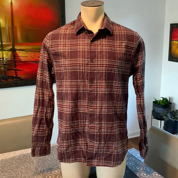Vince Medium Red Plaid Cotton Long Sleeve Button-Up Shirt Size - Picture 1 of 6
